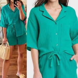 Stars Above Gauze Cotton Pajama Shirt Top Green XS Camp Collar Oversized Sleep